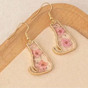 Pressed Floral Cat Silhouette Shaped Dangle Earrings Pink Theme